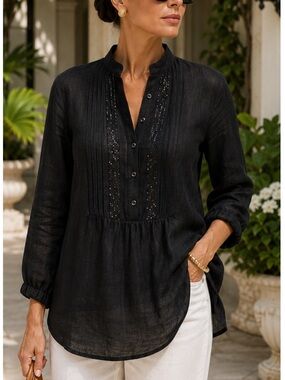 Worth black linen tunic pintuck sequins balloon sleeve excellent Size XL